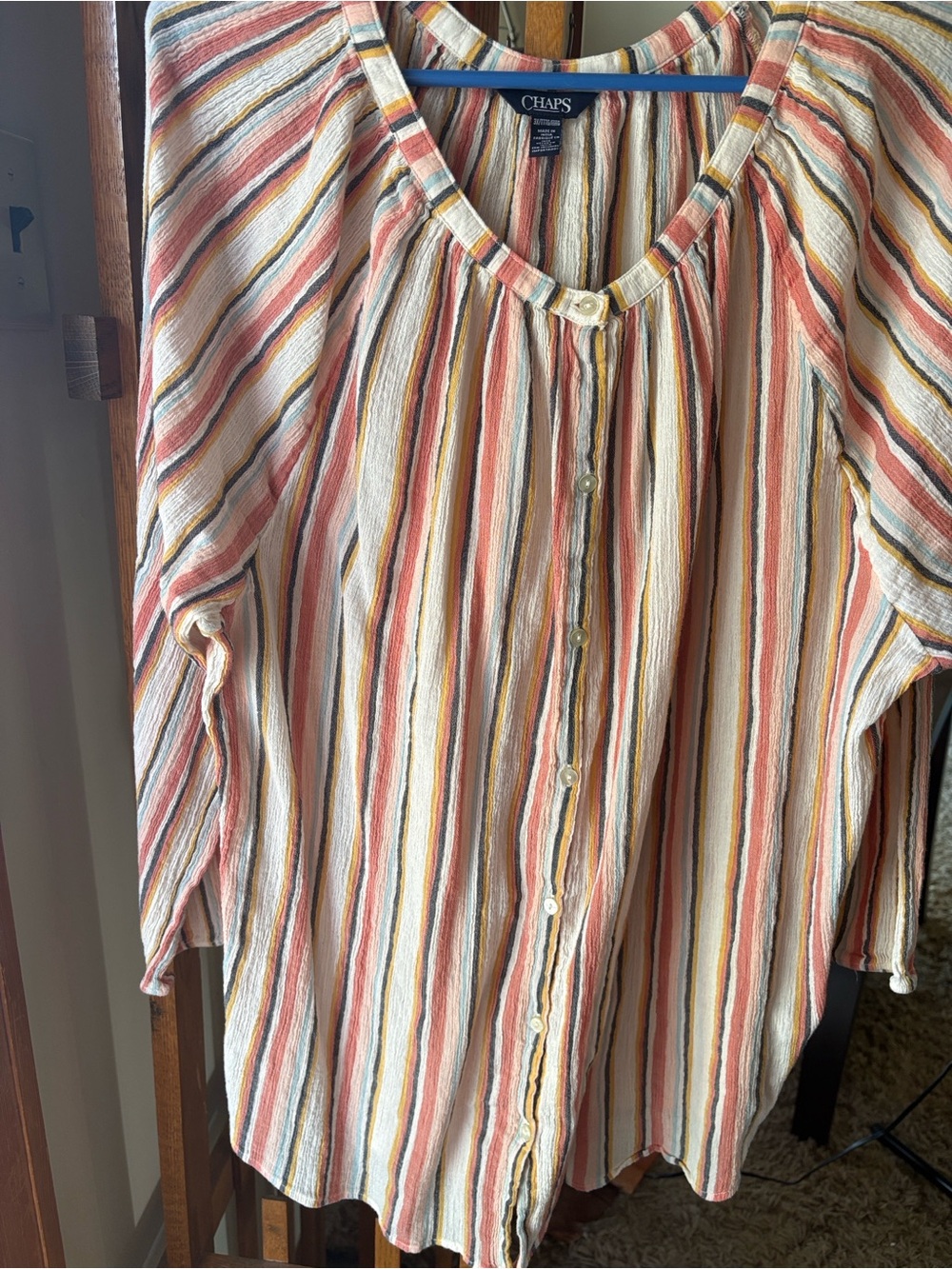Chaps Cream Blouse with Coral, Mustard & Black Stripes